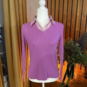 Izod Womens Purple Cable Knit V-Neck Sweater Faux Layer Striped Collar Size M